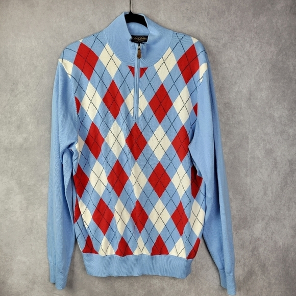 Brooks Brothers Sweater L Men Blue Red Argyle 1/4 Zip Cotton Mint Supima Cotton - Picture 1 of 11